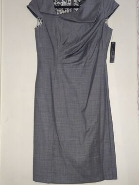 Tahari Asymmetrical Gray Dress with Cap Sleeves
